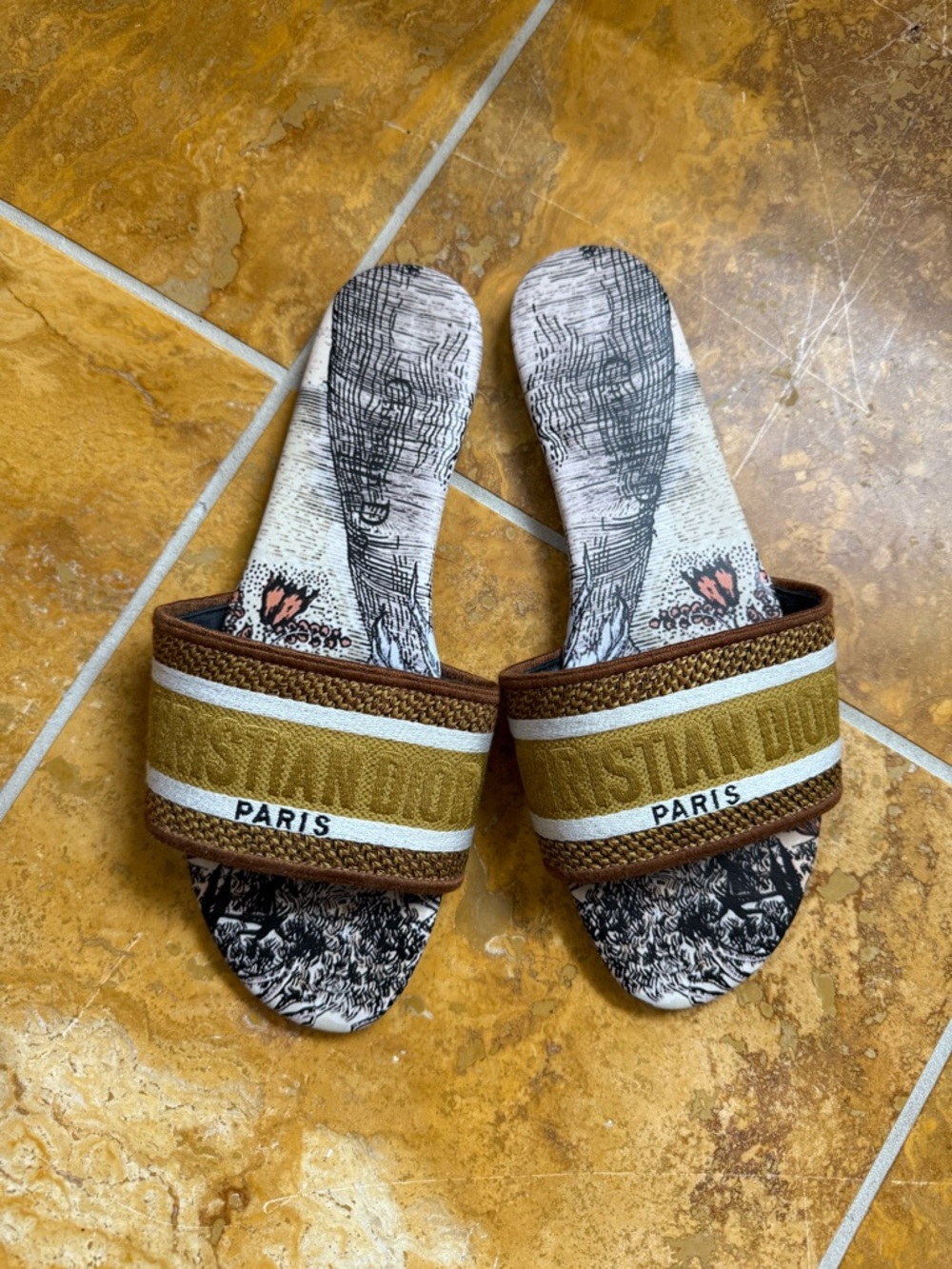 CD Brown & White Logo Slide Sandals